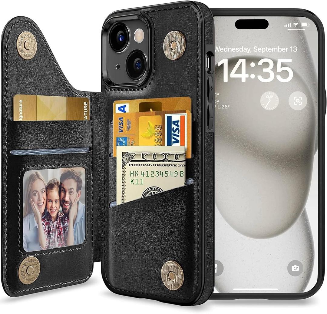 LOHASIC Wallet Case for iPhone 15 Plus, 5 Card Holder, Safe RFID Blocking, Vintage PU Leather Phone Cover for Men Women, Kickstand Flip Folio Portfolio, 6.7 Inch - Black