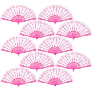 QIRMIZI 10 Pack Lace Handheld Folding Fan - Elegant Silk Fan for Women's Wedding Decoration and Dancing Party - Pink
