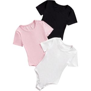SweatyRocks Girl's 3 Pack Bodysuits Short Sleeve Crew Neck Ribbed Dance Leotards Sets (Multicolor) SweatyRocks Girl's 3 Pack Bodysuits Short Sleeve Crew Neck Ribbed Dance Leotards Sets (Multicolor)