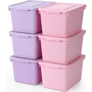 6 Pack Cute Plastic Storage Bins with Lids Decorative Stackable Storage Boxes 9.8" 7.3" 5.7" Small Storing Totes for Organizing Craft Office Supplies (Pink,Purple)
