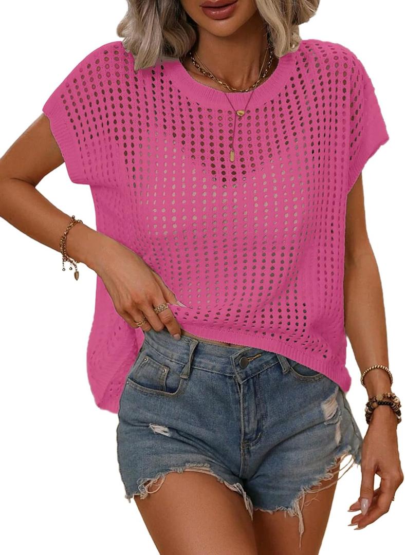 Crochet Tops for Women Spring Summer Shirts Cute Mesh Top Cap Sleeve Cover Up Pullover Sweater Beach Vacation Clothes (Pink, S)