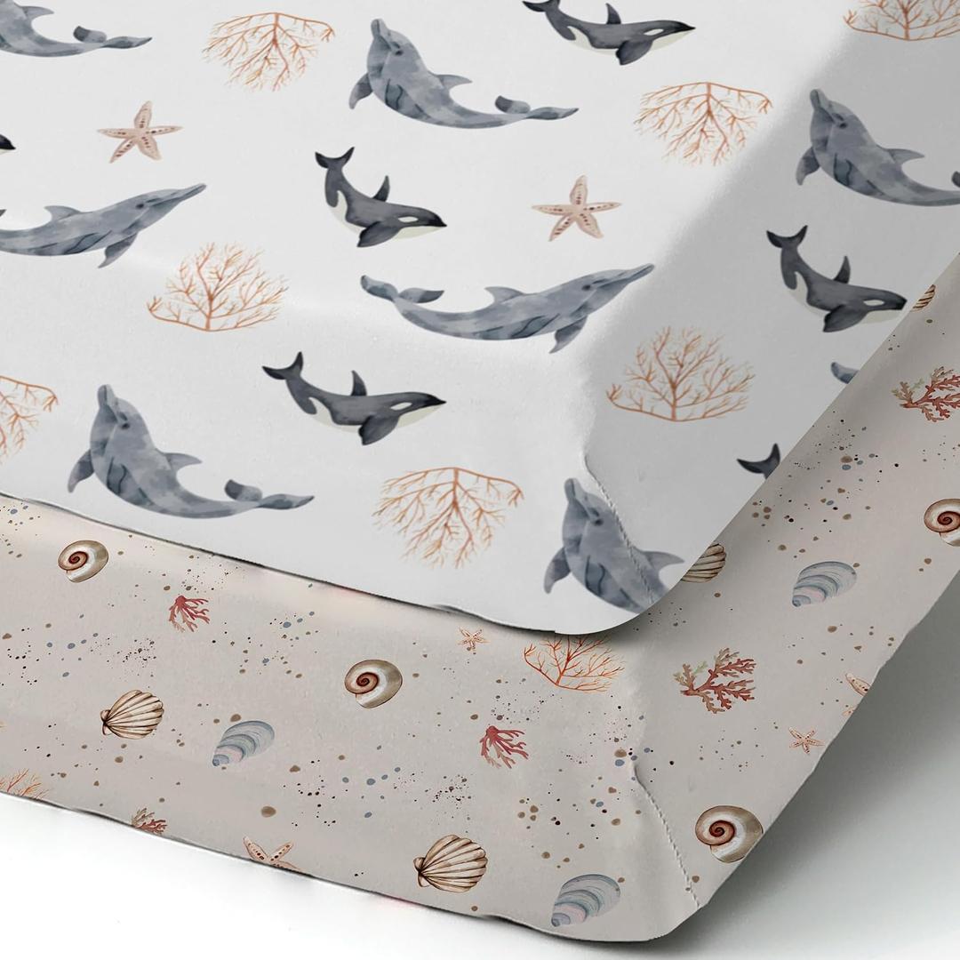 Pack n Play Sheets, BROLEX 2 Pack Mini Crib Sheets,Stretchy Portable Fitted Playard Sheet Set, Convertible Playard Mattress Cover,Ultra Soft Breathable Material, Dolphins Shells