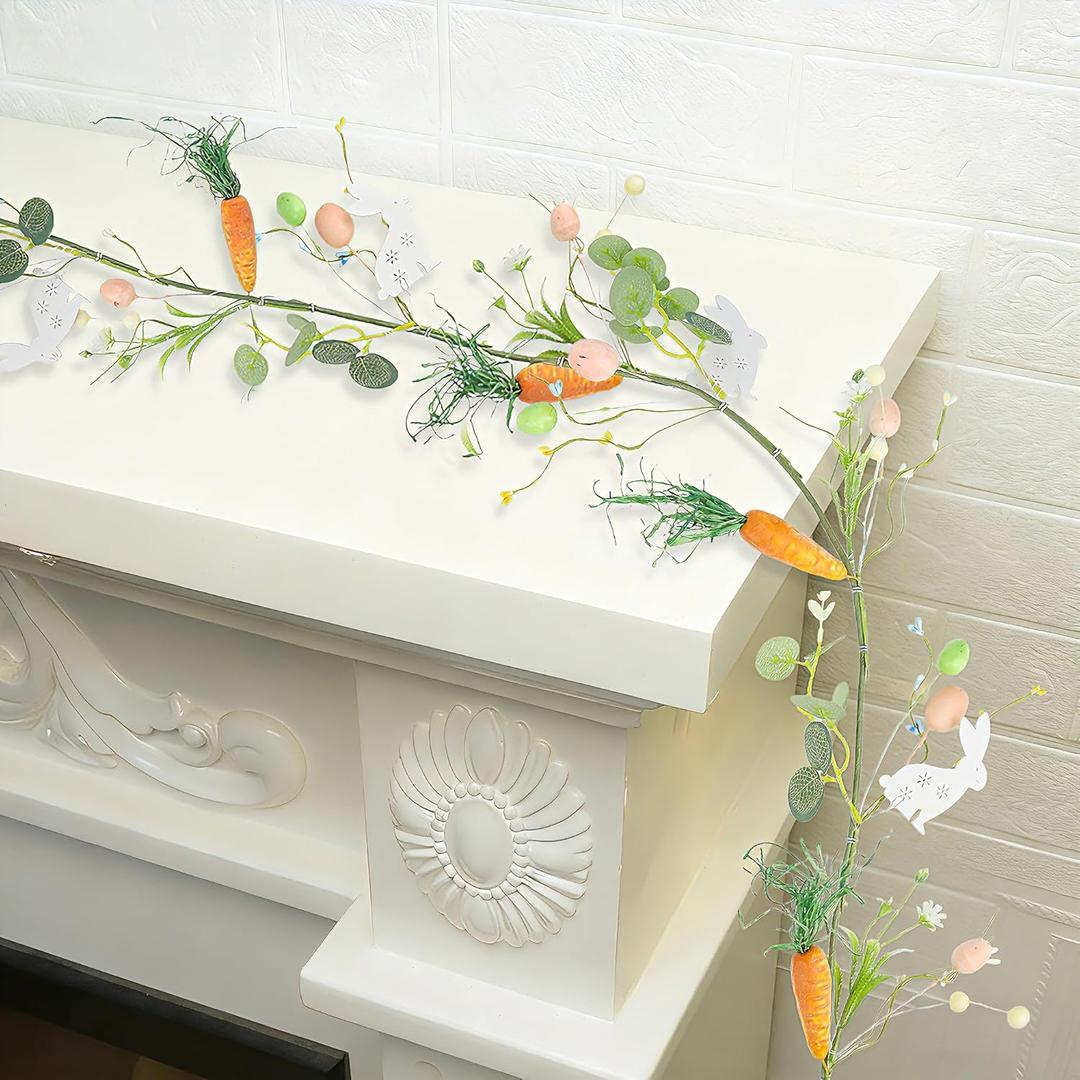 DR.DUDU 4 FT Easter Garland-Bunny & Carrot Garland Decorations for Mantle, Spring Artificial Garland with Easter Pastel Eggs for Indoor Home Fireplace Table Centerpiece Party Dcor (Style 5)