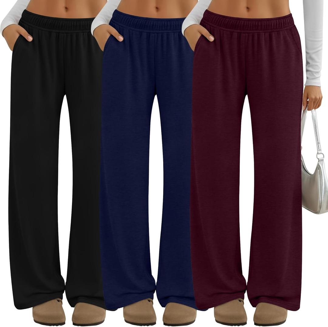 Neer 3 Pack Women's Lounge Pants Wide Leg Yoga Built in Drawstring High Waisted Casual Comfy Baggy Sweatpants with Pockets (Large, Black, Wine, Midnight Blue)