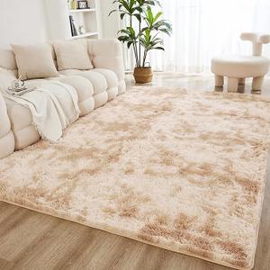 Litanika 6x9 Shag Area Rug for Living Room Bedroom, Tie-Dyed Beige High Pile Soft Plush Shaggy Furry Cream Bedside Playroom Dorm Carpet, Non-Slip, Non-Shedding Modern Indoor Floor Rug