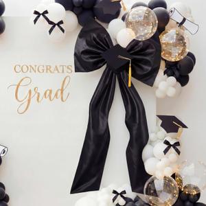 2026 Large Black Bow Graduation Porch Decoration 26 x 59 Inch Coquette Black Ribbon Bow Party Decorations Giant Congrats Grad Backdrop Wall Decor for Graduation Entryway Outdoor Party Decorations