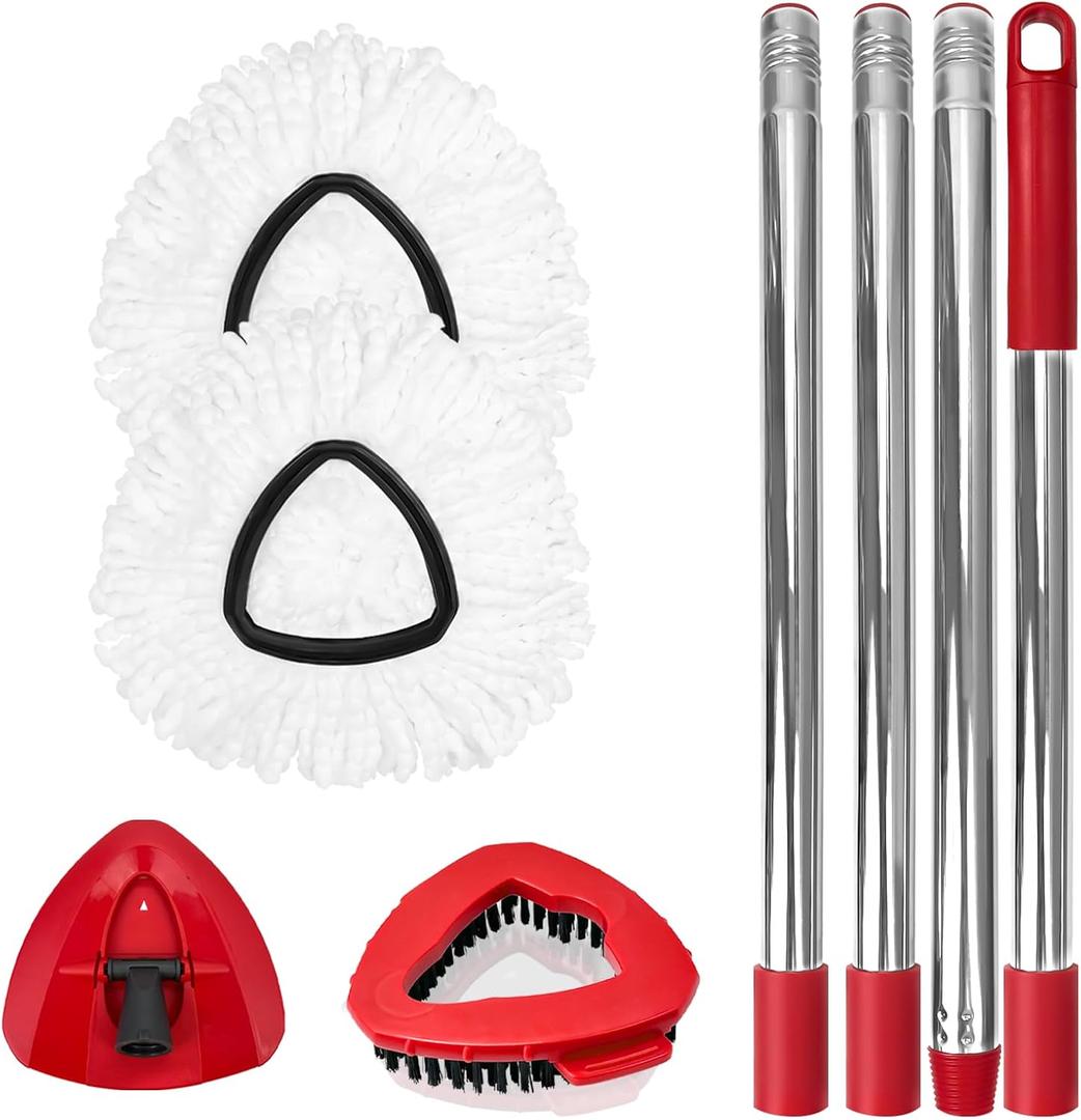 Spin Mop Replacement Set for O-Ceda EasyWring 1-Tank System, Includes 2 Mop Head Replacement, 1 Mop Handle (30-58in Adjustable 4-Section Pole), 1 Scrubber Head, 1 Spin Base