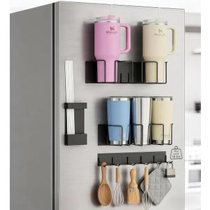 Strong Magnetic Cup Holder for Fridge, Fits Stanley 40/30/20 oz, Yeti & More, No-Drill Tumbler Organizer with Lid & Straw Storage, Kitchen & RV Space Saver(4-Piece Set)