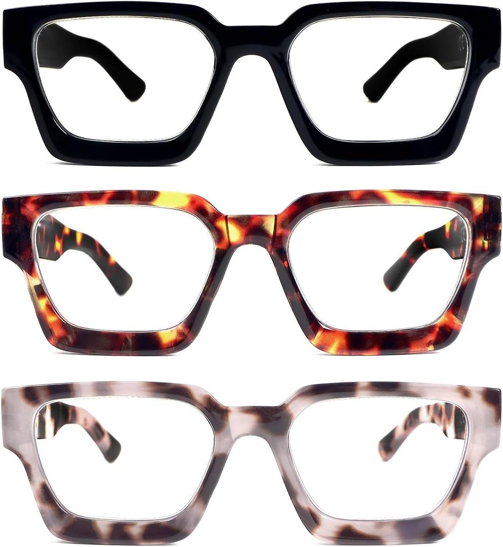 REAVEE 3 Pack Thick Frame Reading Glasses for Women Men, Oversized Fashion Blue Light Blocking Readers Spring Hinge