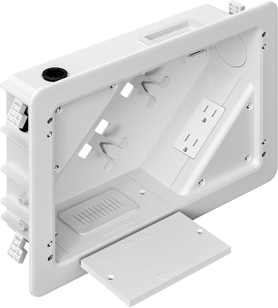 in-Wall TV Box with Flange for Home Theater Installation, Cord Hider for Wall Mounted TV, with 2 Duplex Outlets, Cable Bracket, LV Cable & 1-1/2" ENT Entrance, Ideal for New or Retrofit Job (White)