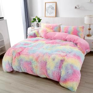 PERFEMET 3 Pcs Faux Fur Pink Comforter Set Queen Fluffy Shaggy Tie Dye Bedding Set for Girls Colorful Rainbow Ultra Soft Plush Velvet Furry Bedding Quilt Set (Pink, Queen)