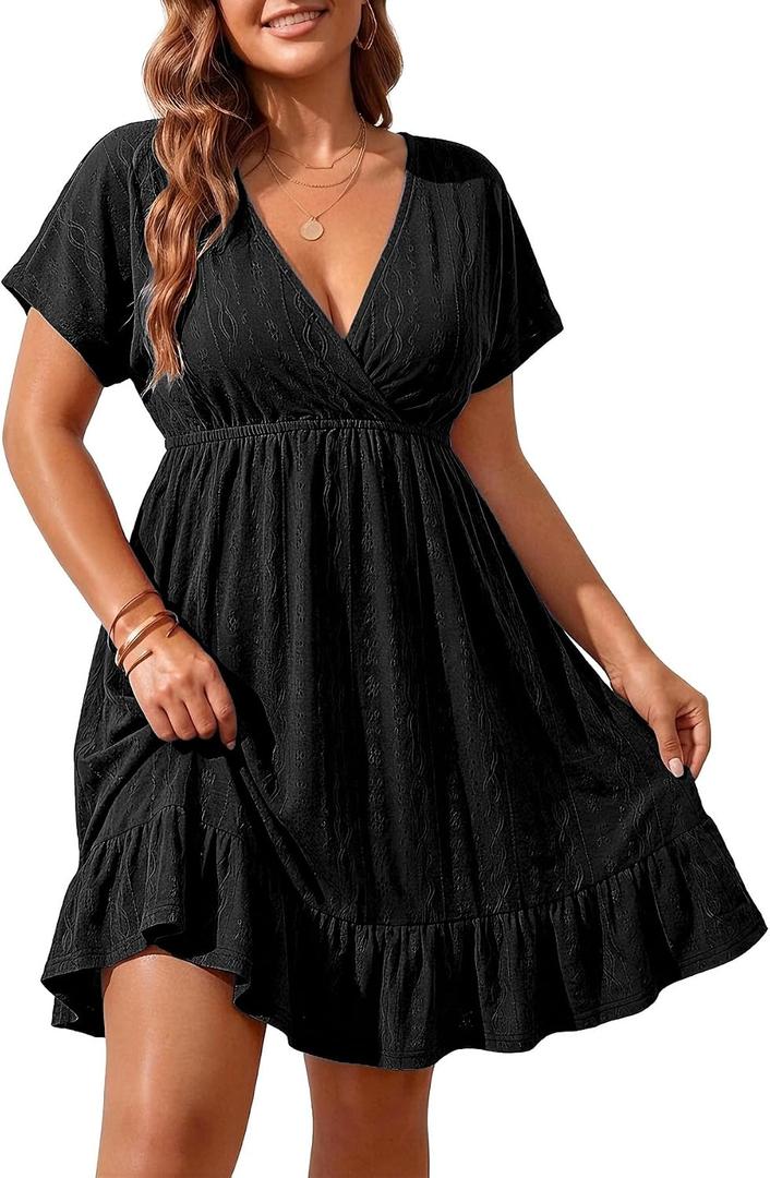 Yonique Plus Size Swimsuit Cover Up Women - V Neck Swimwear Short Sleeve Coverups Ruffle Hem Beach Dress 2026, Size: 14 Plus