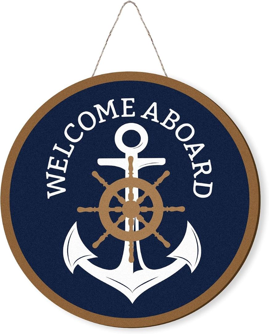 MOTERMATE Nautical Welcome Aboard Anchor Sign, 12x12 Inch Round Wooden Wall Decor