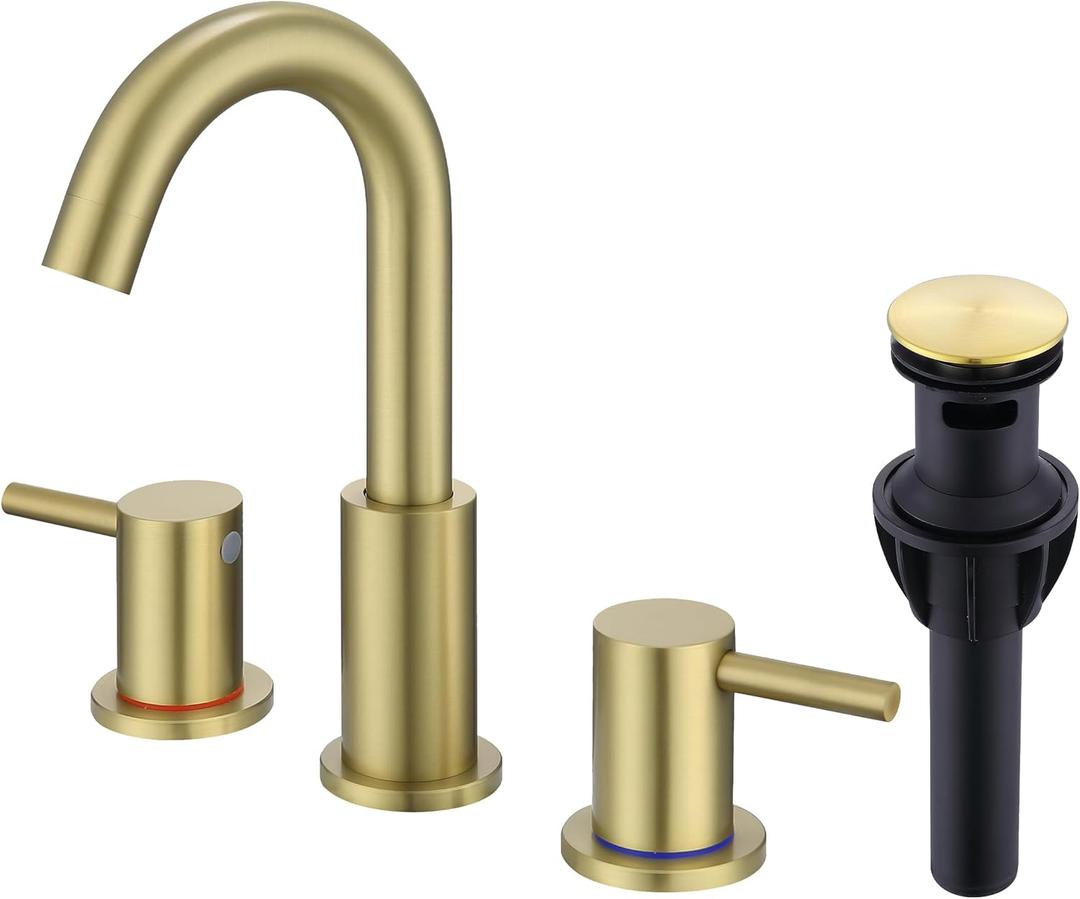 Brushed Gold Bathroom Faucet 3 Hole, 8 in Gold Widespread Bathroom Sink Faucet with Pop Up Drain and Supply Lines, Stainless Steel 2 Handle Gold Sink Faucet for Bathroom Vanity