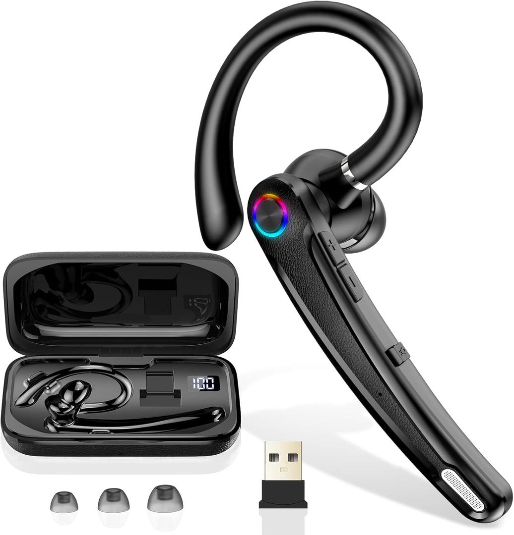 Bluetooth Headset V5.4, 115H Playtime Wireless Bluetooth Earpiece with Dual Mic Noise Cancelling Computer Headset Hand Free Headphones for Trucker, Driver, Office, Home, Work, Business (Black)
