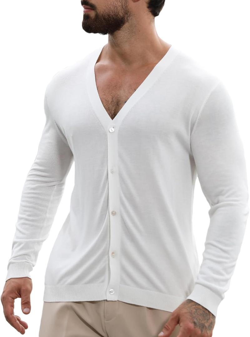 Men's V Neck Cardigan Sweater Casual Lightweight Button Down Knitted Cardigan Sweater (Large)