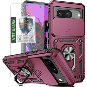 for Pixel 8 Case with Camera Lens Cover,HD Screen Protector,Military Grade Drop Protection,Magnetic Ring Holder Kickstand Protective Phone Case for Google Pixel 8,Wine Red