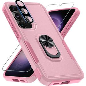 for Samsung Galaxy S25 Plus/S24 Plus Case with Screen Protector+Camera Lens Protector, Heavy Duty Shockproof Full Body Protective Cover Built in Rotatable Metal Ring Holder Kickstand,2025 Cute Pink