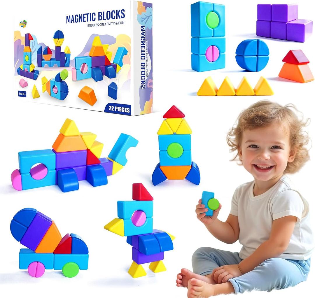 Big Magnetic Building Blocks, 1.65 Inches Multi-Shape Magnet Toy Set for Toddlers, 8 Colors Montessori Sensory Construction Tiles for Boys and Girls 3 4 5 6 Years Old (22PCS)