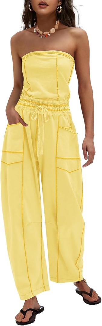 LAMISSCHE Womens Casual Strapless Jumpsuits off the Shoulder Summer Rompers Sleeveless One Piece Outfits with Pockets (L)