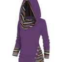 DRESSFO Women's Tribal Stripe Hooded Knit Top – Long Sleeve Pullover Sweatshirt with Mock Button Detail (Purple/2X)