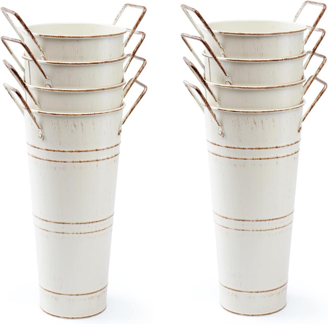Notakia Galvanized Metal Vases Farmhouse French Flower Bucket Vases for Cut Flowers for Home Decor and Wedding Table Centerpiece Decorations (Beige Set of 8) (9.05in Small)