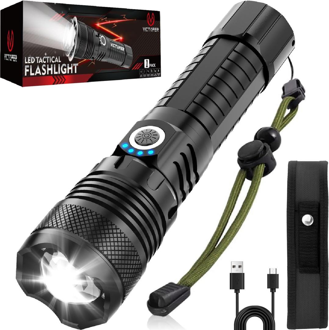 Victoper LED Flashlights, High Powered High Lumens Super Bright Tactical Flashlight, Rechargeable, 5 Modes Zoomable Waterproof Flash Lights for Emergency, Outdoor, Home, Camping, Hiking (P50 1 Pack, Black)