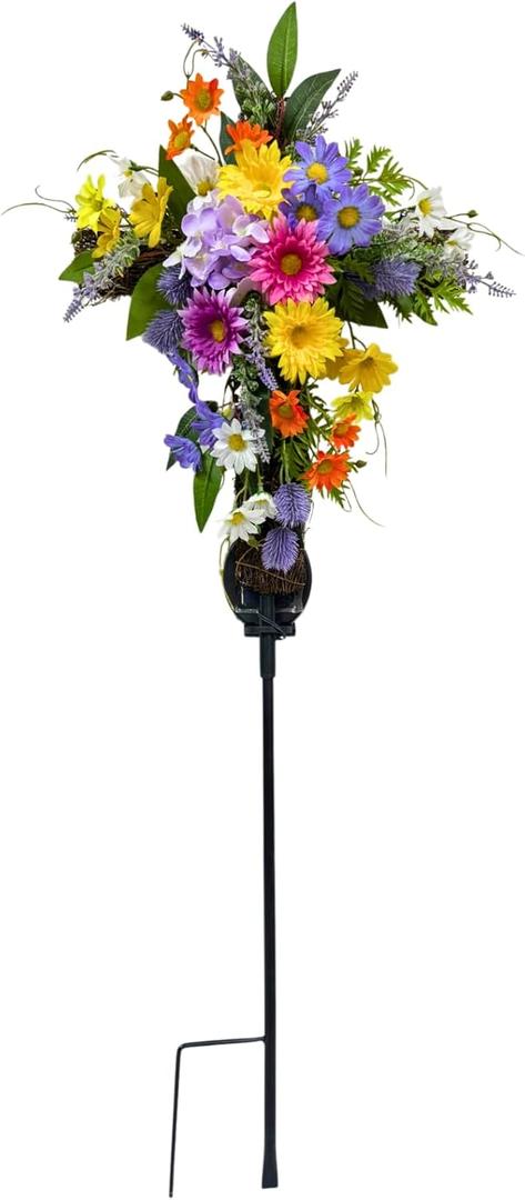 32 Inch Solar Powered Cross Grave Stake Decoration Lighted Cemetery Stake with Colorful Artificial Wildflowers Daisies, Floral Arrangement for Garden Cemetery and Memorial