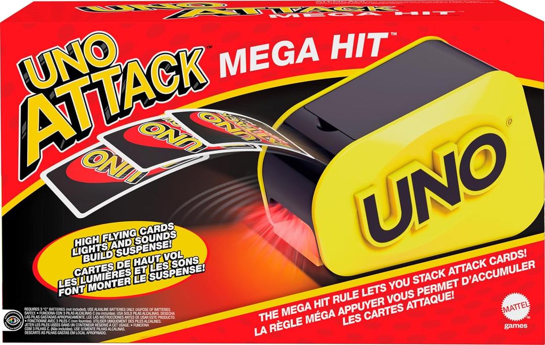 Mattel Games UNO Attack Mega Hit Card Game with Random-Action Launcher with Lights & Sounds & 112 Cards, Kid, Teen & Adult Game Night Gift Ages 7 Years & Older 