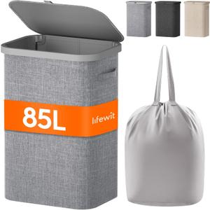 Lifewit 85L Laundry Basket with Lid, Large Laundry Hamper with Plastic Handles and Removable Bag, Foldable Tall Dirty Clothes Hampers for Laundry for Laundry Room, Bedroom, Bathroom, Dorm, Light Gray (80L)