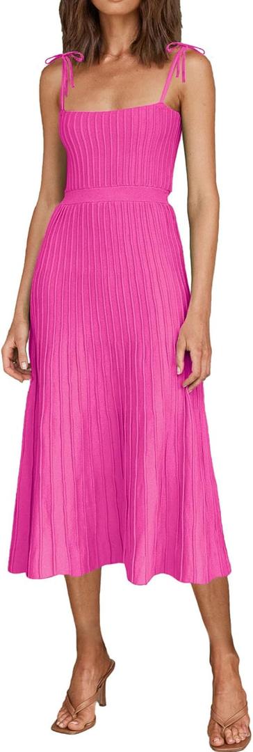 ARTFREE Womens Ribbed Knit Summer Maxi Dresses Tie Straps Square Neck Party Long Dress Rose Red XL
