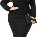 ZOMVA 2024 Plus Size 1X-4X Sparkly Glitter Ruched Bodycon Midi Dress Mock Neck Long Sleeve Sparkle Sequin Dress Cocktail Club (4X-Large Plus, Black)