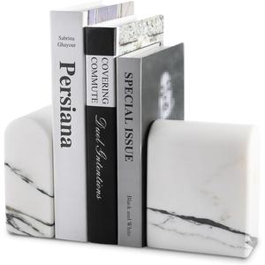 Koville Natural Marble Bookends for Shelves, 13LBS Ultra Heavy Duty Marble Book Holders Organizer, Non-Slip Book Ends, Apartment Decor for Movies/CDs/Video Games (Oriental Calacatta)