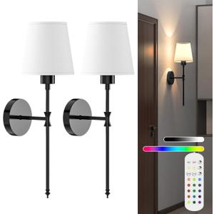 viyawise Battery Operated Wall Sconce Lights Set of Two, Rechargeable Powered Wall Lamp with RGB Bulbs, Wireless Decor Wall Sconces with Dimmable Remote Control, for Bedroom Living Room (Black)