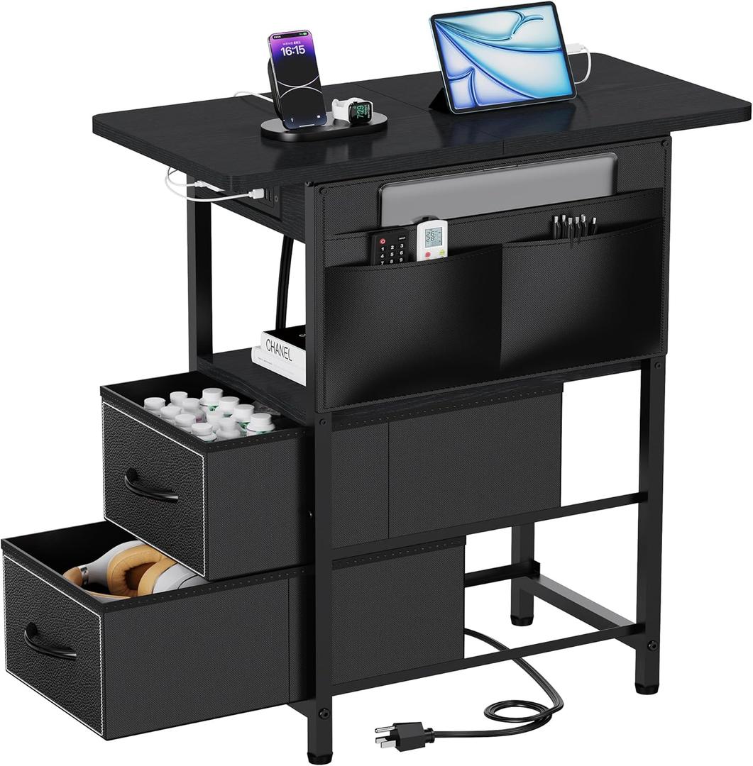 Small Side Table with Charging Station, Narrow Nightstand Bedside Tables with Storage Pocket for Living Room Bedroom, Sofa End Table with USB Ports and Power Outlets for Small Spaces (Black)