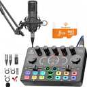 Podcast Equipment Bundle, +8GB Memory Card, Audio Interface Mixer with 48V Condenser Microphone, Built-in Recorder, Stereo, Voice Change for Podcast Recording, Streaming, Cam/PC/Phone/Tiktok (RS2i2)