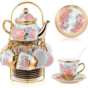 Zhehao Porcelain Tea Set with Metal Holder and Spoon Adult Ceramic Tea Set European Flower Painting Teapot Cup Saucer Spoon for Women Mom Gift, Large Version(Vintage Style,20 Pcs)
