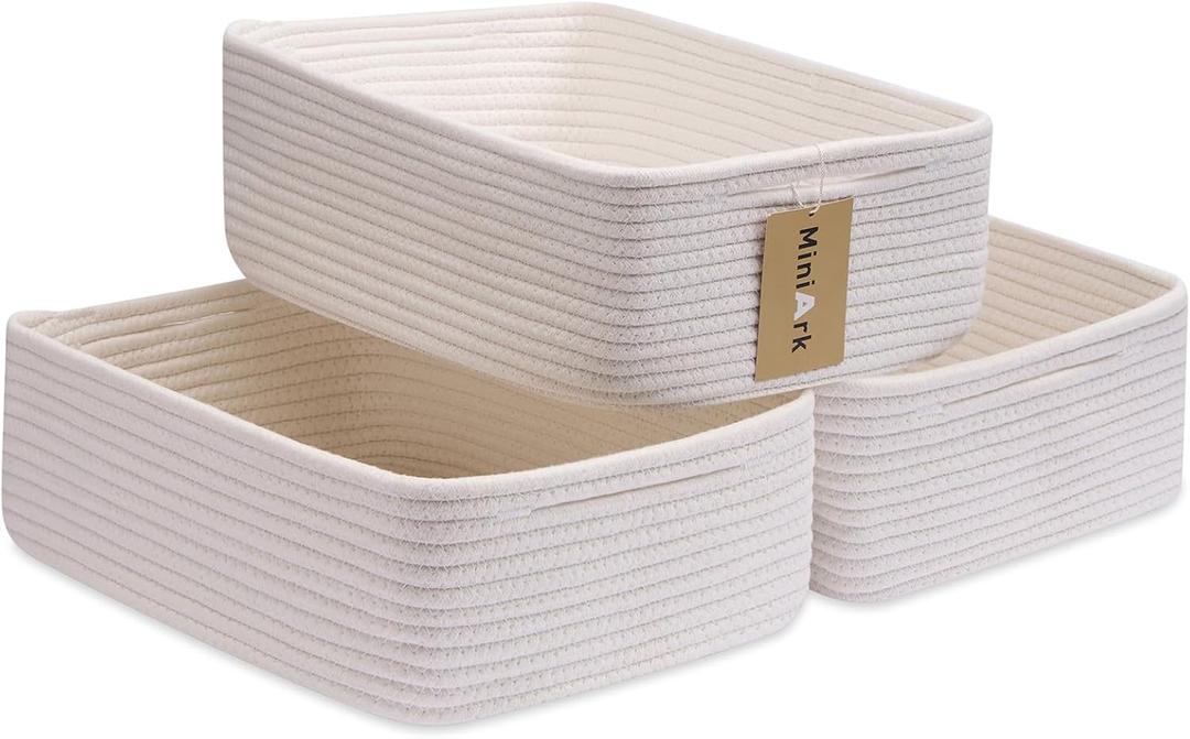 MiniArk Large Shallow Organizing Baskets 15x11x5.1 Inches - Rope Woven Storage Bins for Bathroom, Shelves, Cube Closet, Off White 3 Packs