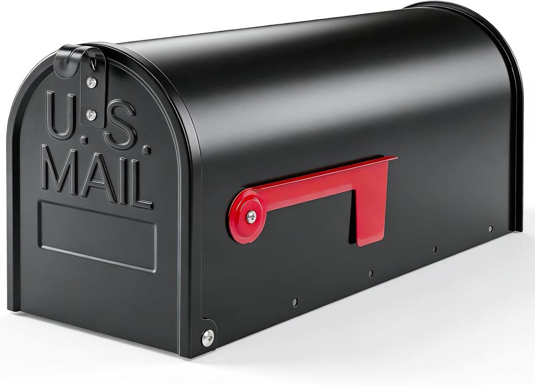 Black Metal Mailbox, Galvanized Steel Mailboxes for Outside Post Mount, Standard Medium Capacity, 20 x 8.7 x 6.7 Inches