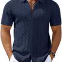 COOFANDY Men's Knit Short Sleeve Shirts Button Down Vintage Knitted Polo Shirt Casual Beach Crochet Cable Vacation Shirt Size L