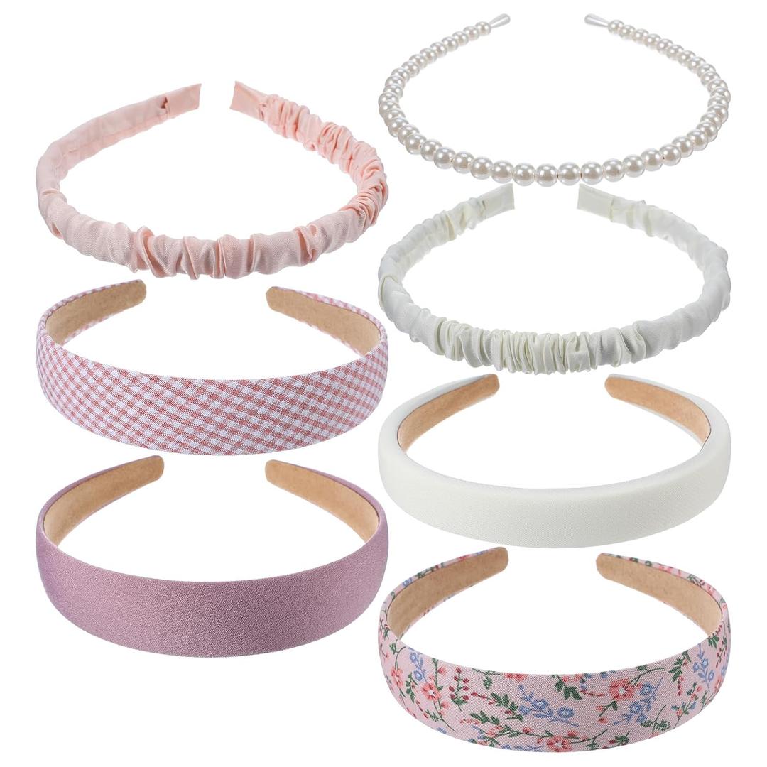 7 Pack Headbands for Women Girls, Comfortable Non Slip Cute Pearl Headband, Vintage Wide Headbands for Women, Trendy Floral Padded Hair Accessories for Daily Style(White & Pink)
