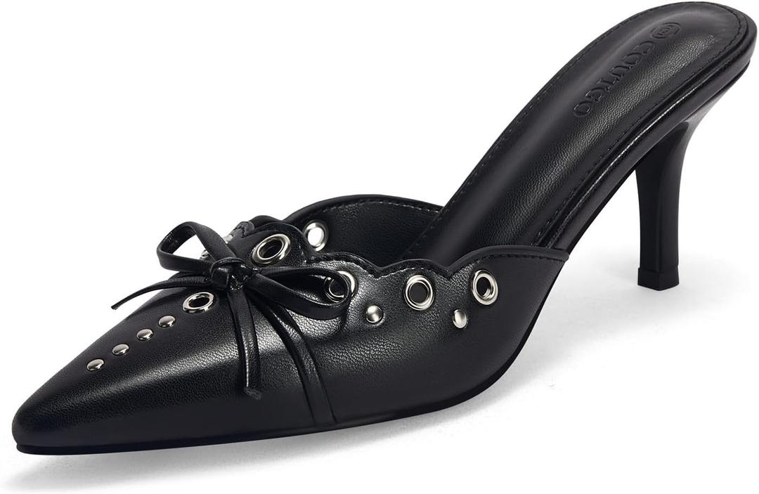 Coutgo Women's Bow Tie Mule Heels Pointed Toe Studded Backless Stilettos Slip On Dress Pump Shoes (7, Cool Black)