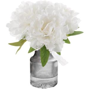 Fake Flowers in Vase,11" Small Full Silk Hydrangea Artificial Flowers Arrangment for Bathroom Bedroom Office Desk Decor White Faux Flower Decor (White in Black Vase)