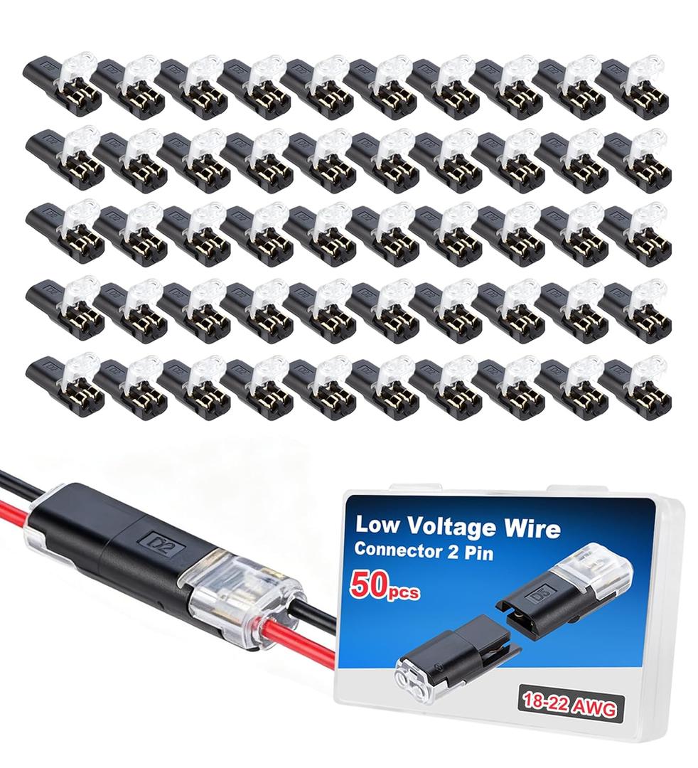 50 PCS Double Wire Connector,Low Voltage Wire for 18-22AWG,2 Pin Quick Disconnect Electrical Secure Connectors with Locking Buckle,No Strip Solder for Automotive,LED Lights,DIY Projects. (Black)
