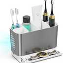 Bathroom Countertop Organizer with Front Ledge for Phone, Detachable Kids Toothbrush Holders with Cord Slots and Ring Holder, 6 Slots Toothbrush Toothpaste Holder with Drainage for Family (Silver)