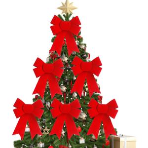 6 PCS Red Velvet Bows for Christmas Tree (9x12 Inches) - PVC Hanging Xmas Tree Decorations, Indoor Outdoor Xmas Decor for Home Party, Wreath, Fence, Fireplace & Stairs Railing (Red 1, 6 Pcs)