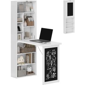 HOMCOM Foldable Convertible Writing Table, Wall Mounted Space-Saving Computer Desk with Chalkboard and Storage Shelves for Small Spaces, Home Office, Bedroom, Dorm, Apartment, White