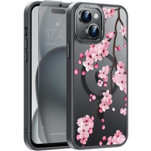 Goodon for iPhone 15 Plus Case with Privacy Screen Protector, Compatible with Magsafe, Shockproof Translucent Matte Cover - Cute Floral Design Phone Case for Women and Girls - Blooming Cherry