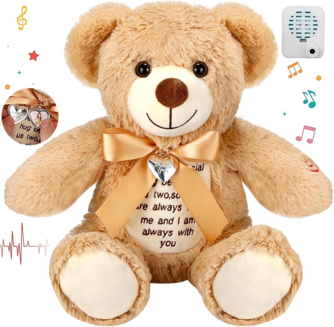 12 Inch Bear Stuffed Animals with Voice Recorder Set 30 Seconds Voice Sound Recorder Module Soft Plush Remembrance Bear with Photo Pendant with Zipper Memorial Gifts(Brown)