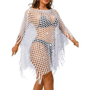 Kaei&Shi Sexy Hollow Out Beach Coverups,Crochet Fringe Knit Swimsuit Cover Up,Pool Swimwear Dress for Women Fit 0-14, One Size (Silver)